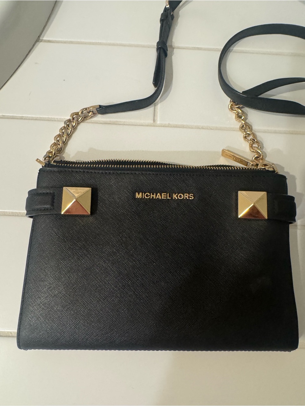 Michael Kors Black Saffiano Crossbody with Gold Stud Accents